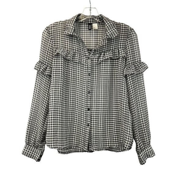H&M Womens Long Sleeve Button Down Sheer Blouse Black/Gray Plaid Sz 4 Ruffles - Picture 1 of 9